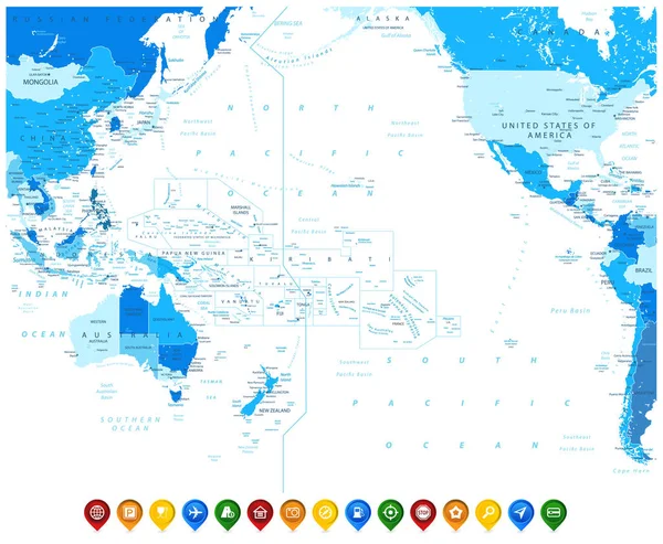 Carte bleue de l'océan Pacifique et icônes de carte colorée — Image vectorielle