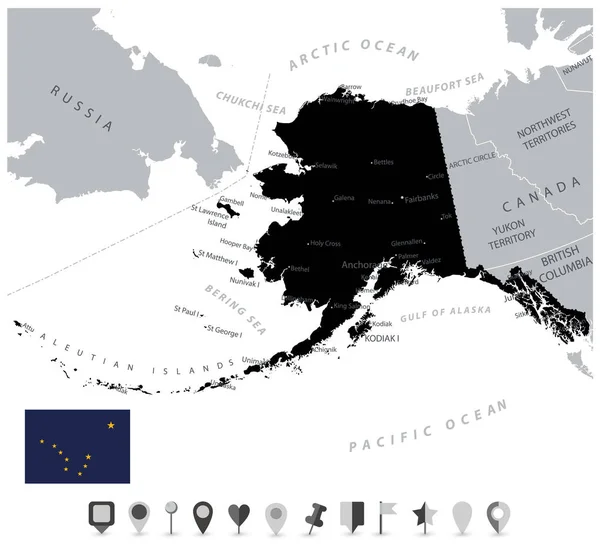 Zwarte kleur Alaska Kaart en Plattegrond Pictogrammen — Stockvector