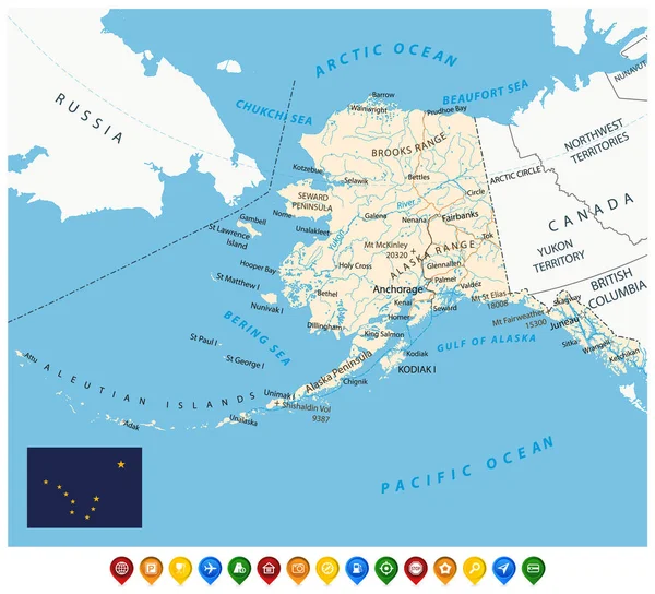 Mapa político do estado do Alasca dos EUA e ícones do mapa — Vetor de Stock