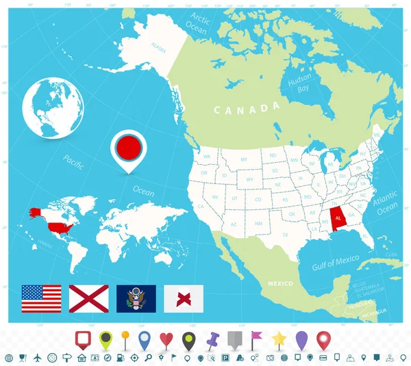 Położenie Alabamy na mapie Usa z flagami i ikonami map — Wektor stockowy