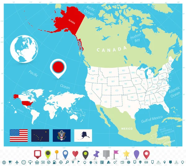 Placering av Alaska på Usa karta med flaggor och kartikoner — Stock vektor