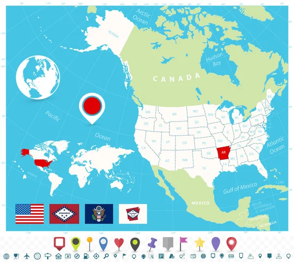 Localização do Arkansas no mapa dos EUA com bandeiras e ícones de mapa —  Vetores de Stock