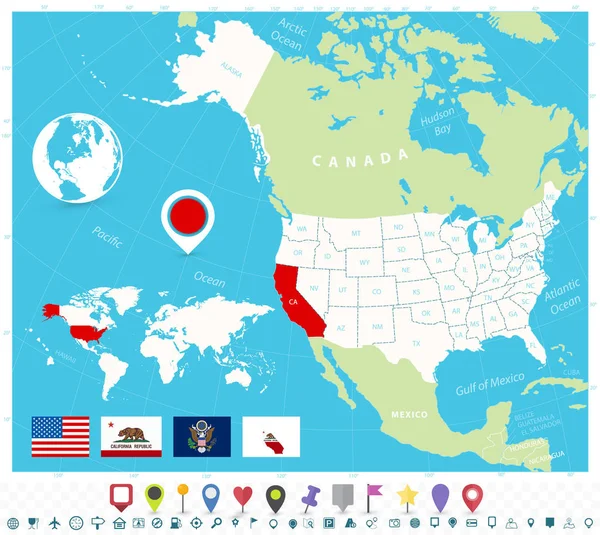 Lage Kaliforniens auf der US-Landkarte mit Flaggen und Kartensymbolen — Stockvektor