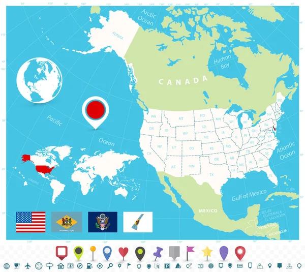 Localização de Delaware no mapa dos EUA com bandeiras e ícones de mapa —  Vetores de Stock