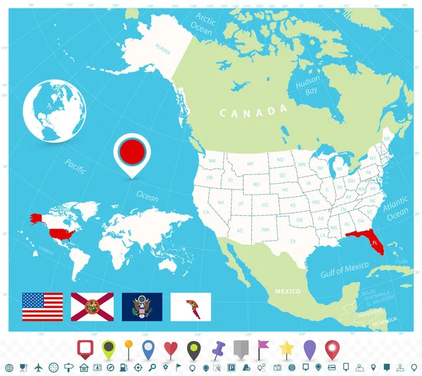 Ubicación de Florida en el mapa de EE.UU. con banderas e iconos de mapa — Archivo Imágenes Vectoriales