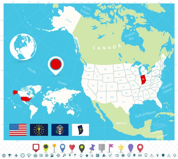 带有旗帜和地图图标的Usa地图上印第安纳的位置 — 图库矢量图片
