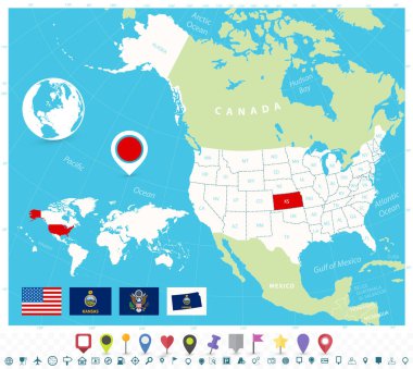 Kansas 'ın ABD haritasında bayraklar ve harita simgeleriyle konumu
