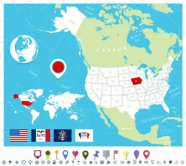 Ubicación de Iowa en el mapa de EE.UU. con banderas e iconos de mapa — Archivo Imágenes Vectoriales