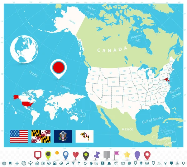 Localização de Maryland no mapa dos EUA com bandeiras e ícones de mapa —  Vetores de Stock