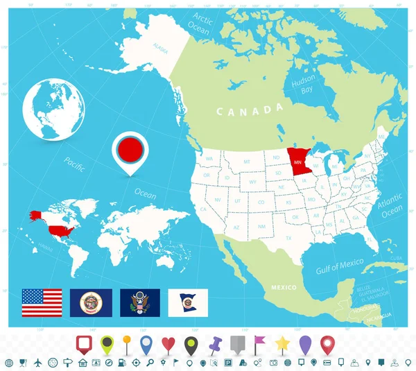 Ubicazione del Minnesota sulla mappa di USA con le bandiere e le icone della mappa — Vettoriale Stock