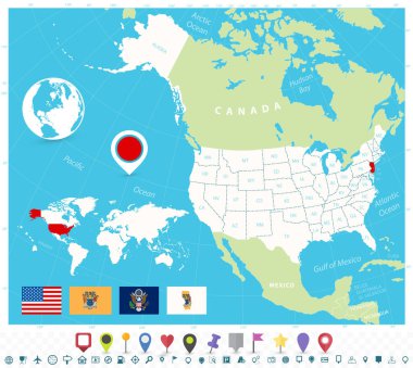 Bayraklar ve harita simgeleriyle New Jersey 'nin Usa haritasındaki konumu