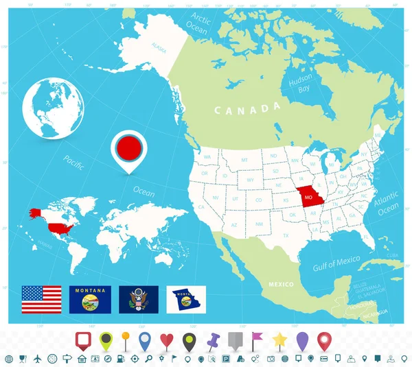 Lage von montana auf usa-karte mit fahnen und karten-symbolen — Stockvektor