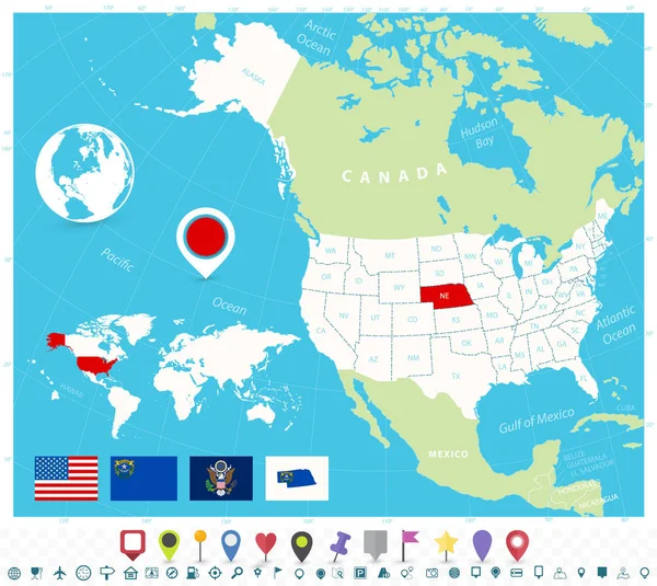 Ubicazione del Nebraska sulla mappa di USA con le bandiere e le icone della mappa — Vettoriale Stock