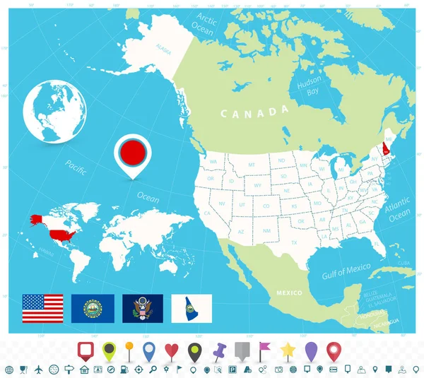 Ubicazione del New Hampshire sulla mappa di Stati Uniti con le bandiere e le icone della mappa — Vettoriale Stock