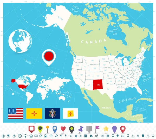 Ubicación de Nuevo México en el mapa de EE.UU. con banderas e iconos de mapa — Archivo Imágenes Vectoriales