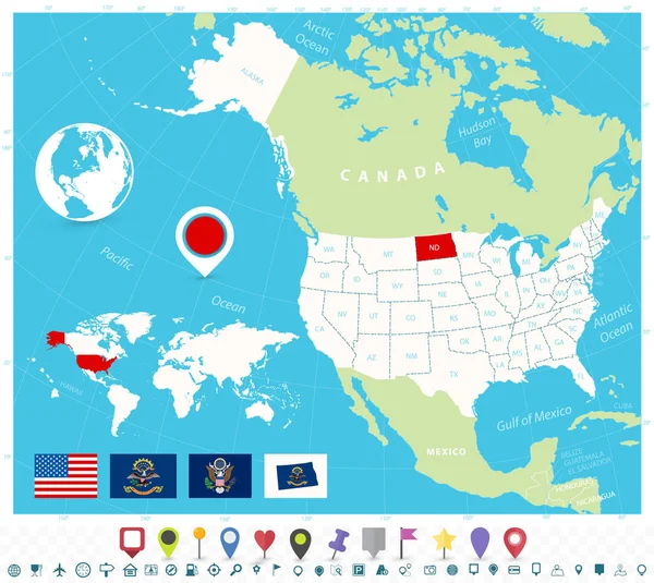 Usa haritasında bayraklar ve harita simgeleriyle Kuzey Dakota 'nın konumu — Stok Vektör