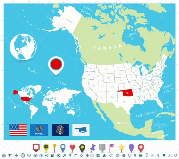 Umístění Oklahomy na mapě USA s vlajkami a ikonami mapy — Stockový vektor
