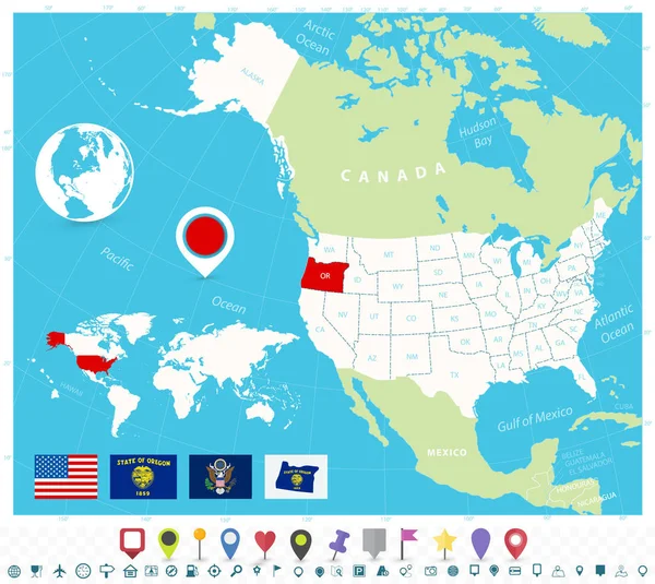 Localização de Oregon no mapa dos EUA com bandeiras e ícones de mapa —  Vetores de Stock