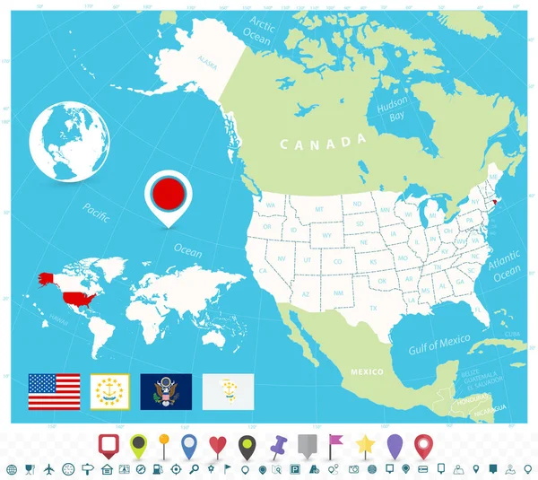 Położenie Rhode Island na mapie Usa z flagami i ikonami map — Wektor stockowy
