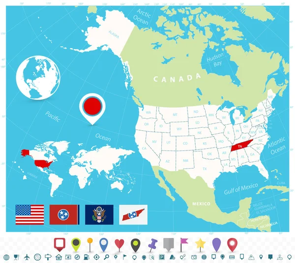 Location of Tennessee on USA map with flags and map icons — Stock Vector