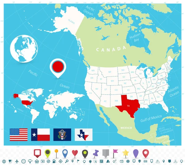 Lokalizacja Teksasu na mapie Usa z flagami i ikonami map — Wektor stockowy