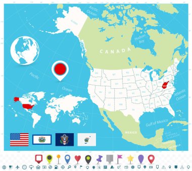 Bayraklar ve harita simgeleriyle Batı Virginia 'nın Usa haritasındaki konumu