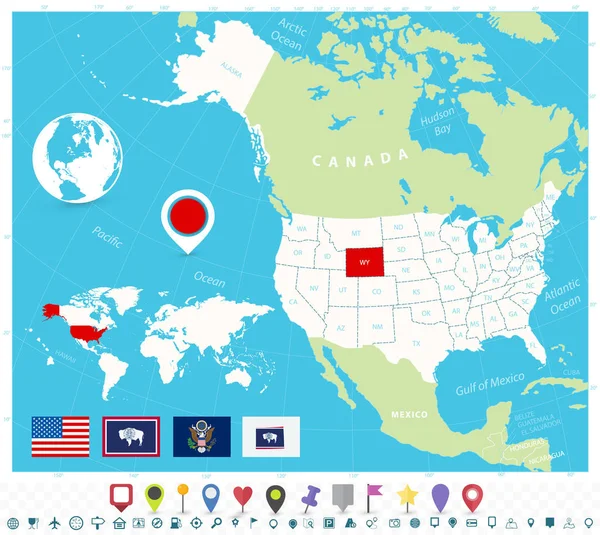 带有旗帜和地图图标的Usa地图上怀俄明州的位置 — 图库矢量图片