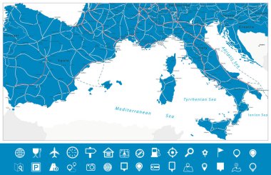 İspanya ve İtalya Harita ve Harita Navigasyon Seti. Tüm elementler düzenlenebilir katmanlarda açıkça etiketlenmiş olarak ayrılır. Vektör illüstrasyonu.