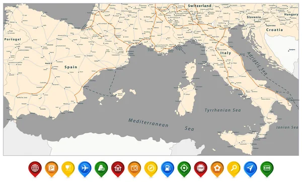 Іспанія Італія Дорожня Карта Кольорові Мапи Ікони Всі Елементи Розділені — стоковий вектор