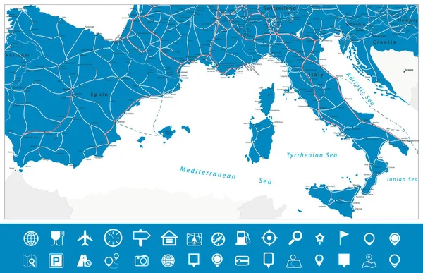 スペインとイタリア地図と地図Navigation Set すべての要素は 明確にラベル付けされた編集可能なレイヤーで区切られます ベクターイラスト — ストックベクタ