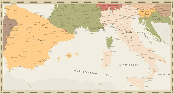 Španělsko Itálie Mapa Retro Colors Vektorová Ilustrace — Stockový vektor