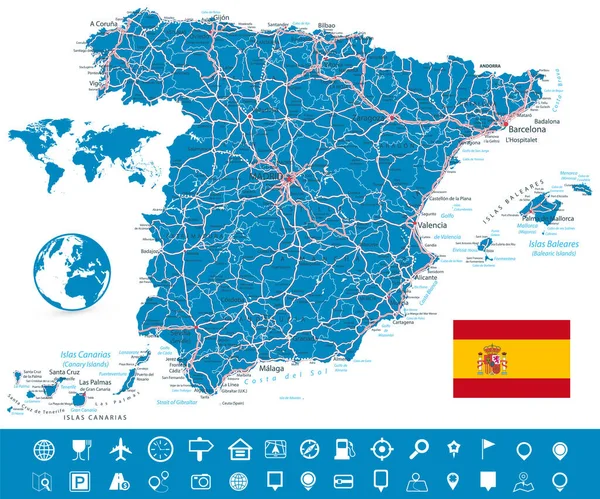 Spain Map Roads Navigation Icon Set Inglés Todos Los Elementos — Vector de stock