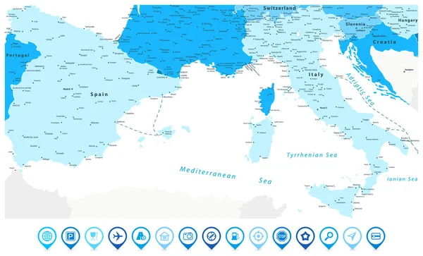 スペインとイタリア青地図と青地図のアイコン すべての要素は 明確にラベル付けされた編集可能なレイヤーで区切られます ベクターイラスト — ストックベクタ