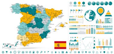 İspanya Harita ve Infographics tasarım unsurları - Sunum, broşür, web sitesi ve diğer yaratıcı projeler için düz stil iş şablonu.