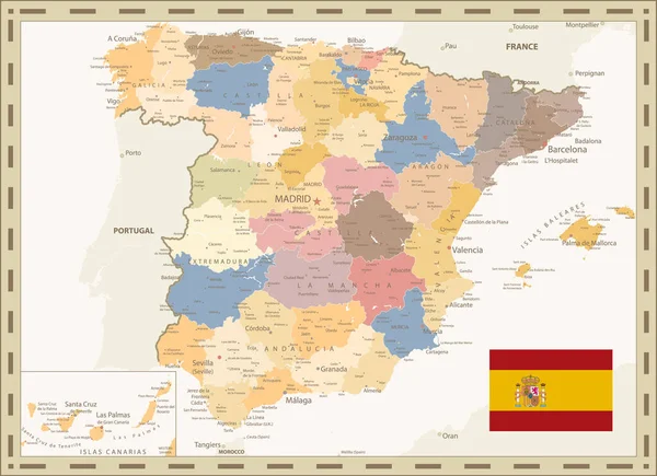 Detailed Political Map Spain Retro Color All Elements Separated Editable — Stock Vector