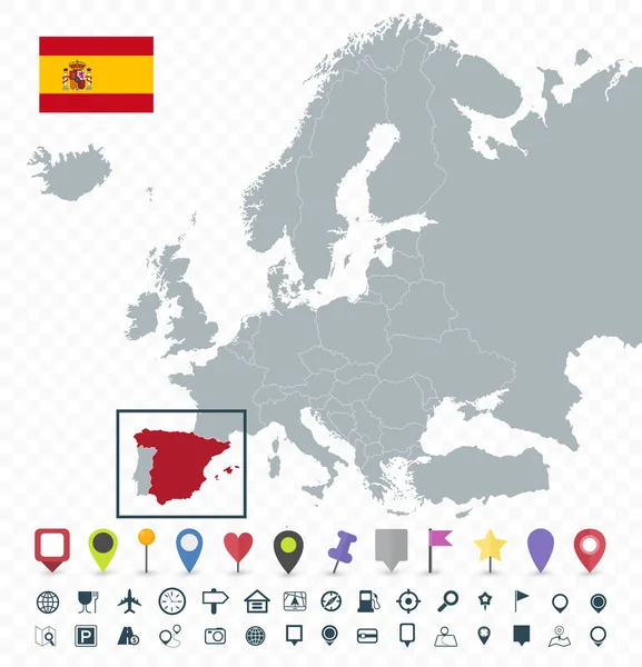 Spanje Locatie Europa Kaart Doorzichtige Achtergrond Zeer Gedetailleerde Vectorillustratie Van — Stockvector