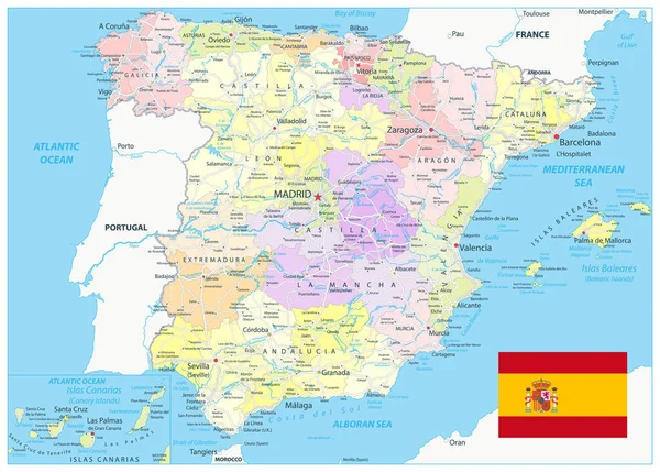 España Divisiones Administrativas Mapa Carreteras Todos Los Elementos Están Separados — Vector de stock