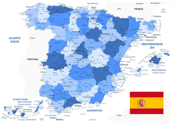 Spanje Administratieve Kaart Blauwe Kleuren Alle Elementen Zijn Duidelijk Gelabeld — Stockvector