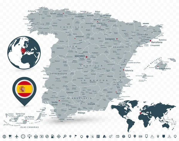 Mapa España Mapa Del Mundo Aislados Sobre Fondo Transparente Todos — Vector de stock