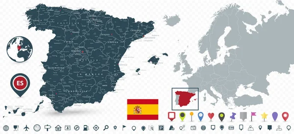 Карта Испании Расположение Испании Карте Европы Изолированы Прозрачном Фоне Высокодетальная — стоковый вектор