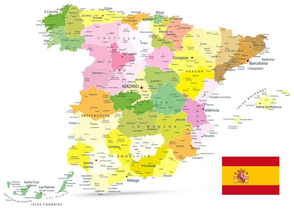 Mapa Político Administrativo España Aislado Sobre Blanco Todos Los Elementos — Vector de stock