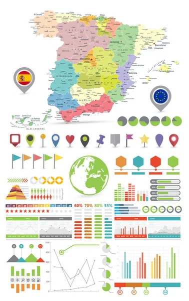 Spagna Mappa Infografica Elementi Design Design Colorato Modello Business Stile — Vettoriale Stock