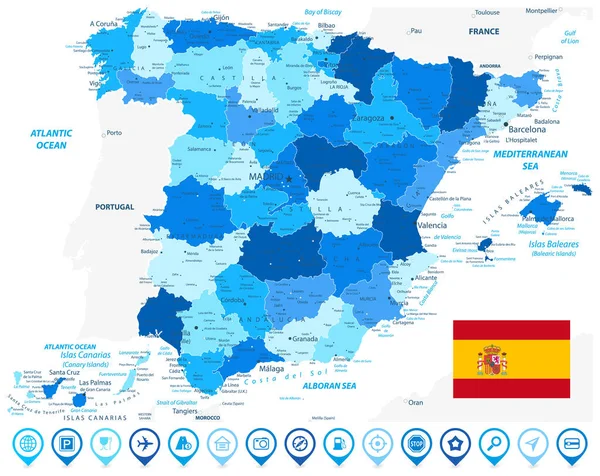 España Mapa Divisiones Administrativas Colores Azules Iconos Del Mapa Azul — Vector de stock