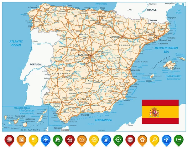 Spain Road Map Colored Map Pointers Inglés Todos Los Elementos — Vector de stock