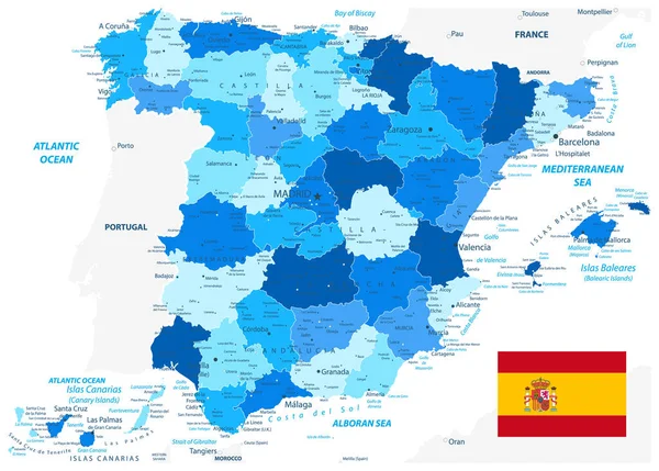 España Divisiones Administrativas Mapa Color Azul Todos Los Elementos Están — Vector de stock