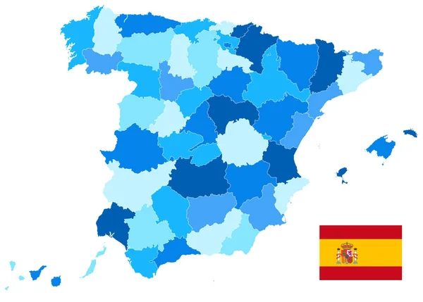 España Mapa Divisiones Administrativas Color Azul Aislado Sobre Blanco Mapa — Vector de stock