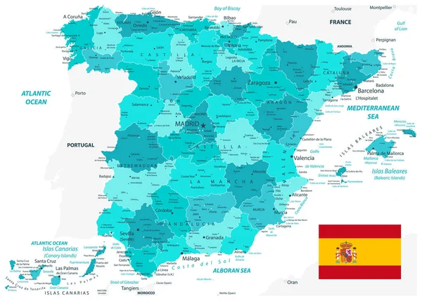 Spanien Administrativa Indelningar Karta Teal Colors Alla Element Separerade Redigerbara — Stock vektor