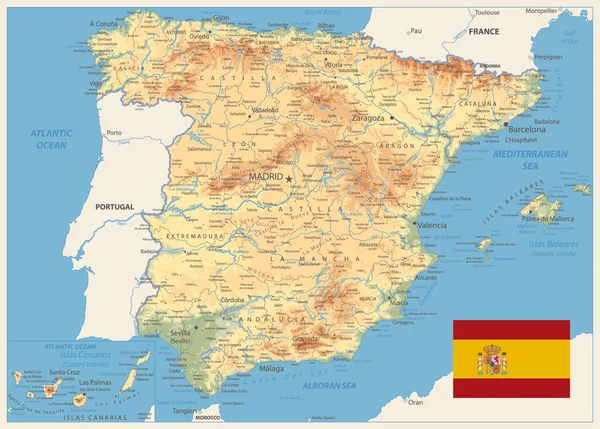 スペイン物理学地図レトロカラー すべての要素は 明確にラベル付けされた編集可能なレイヤーで区切られます ベクターイラスト — ストックベクタ