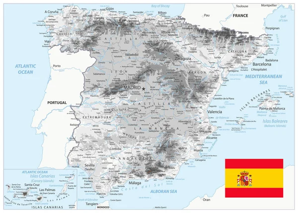 Espanha Mapa Físico Branco Cinza Cores Todos Elementos São Separados — Vetor de Stock