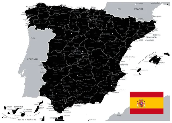 Black Map Spain All Elements Separated Editable Layers Clearly Labeled — Stock Vector